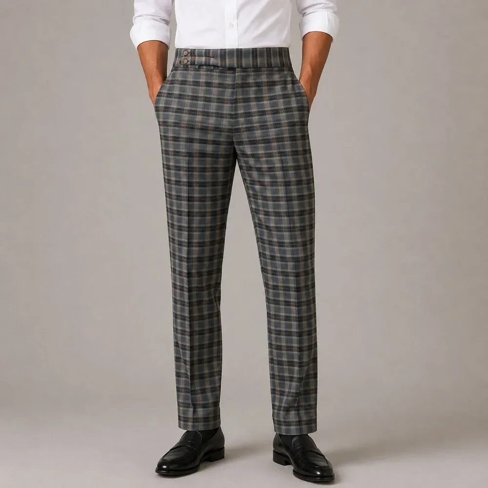 Mens Gurkha Pants 36 Blue Brown Plaid High Waist Flat Front Slim Fit Trousers